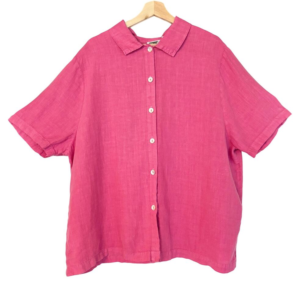 Hot Cotton Fuchsia Pink Linen Short Sleeve Button Up Shirt- SZ 1X (Made in USA)